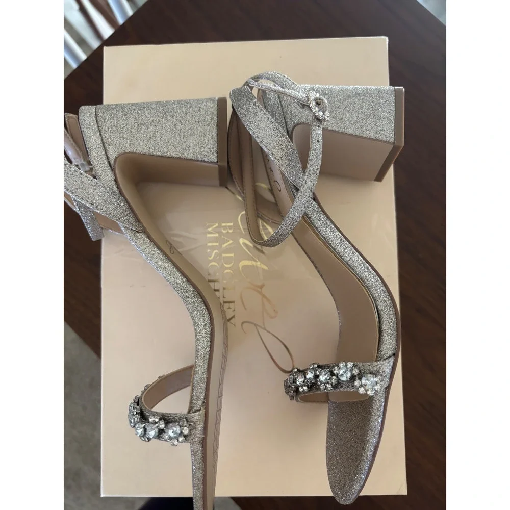 Jewel Badgley Mischka Glitter Block Heel Sandals Crystal Embellished Size 6.5 - Picture 5 of 6
